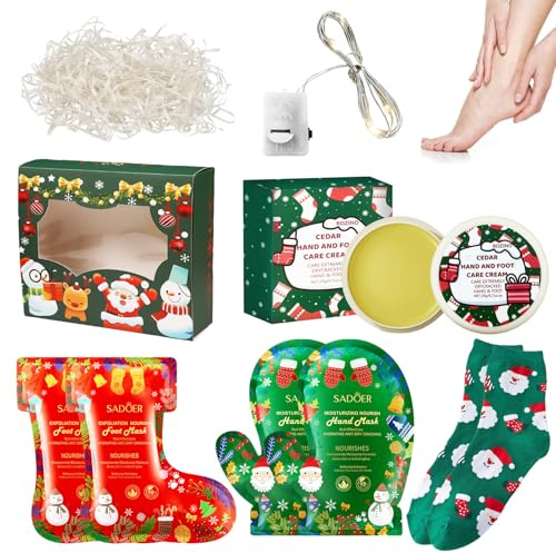 Ourdort - Weihnachtsgeschenke: 2x Fußmaske + 2x Handmaske + 1x Weihnachtssocken + Hand- und Fußcreme + Geschenkbox + 20g Bast + 0,7m Warmweiße Lampe, Foot Peel Mask, Hand Mask, Fussmaske