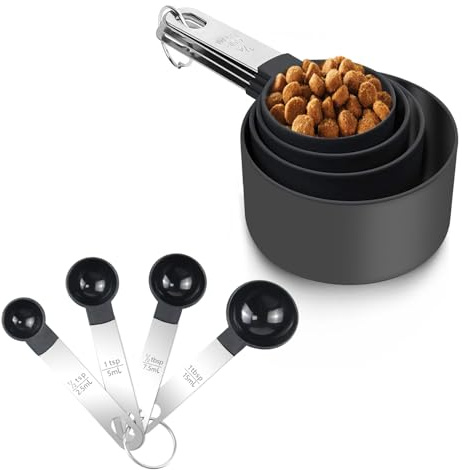 Qcdou 8 Piece Measuring Cups and Spoons Set, Cup Measurements Set with Stainless Steel Handle, Measuring Spoons for Liquids and Solids, Cooking Kitchen Baking Essentials (Black)