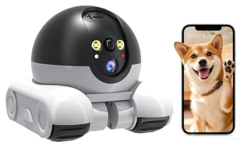 Lvssiao Robot con Telecamera per Animali Domestici, Telecamera di Sicurezza Robot Wi-Fi con Ruote 1080P Doppio Obiettivo Controllo Remoto per Casa Lavoro Animali Domestici, Scheda da 64G Inclusa