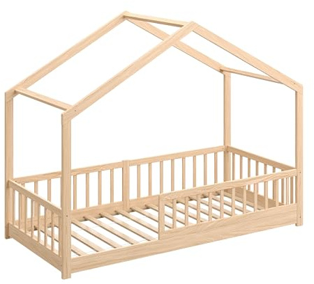 CADANI Malte Kinderbett 90x200 cm – Hausbett mit abnehmbarem Rausfallschutz, bis 200 kg belastbar, Roll-Lattenrost, Montessori Bodenbett aus Massivholz Kiefer, Natur