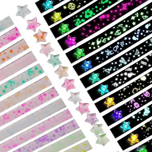 Werownsgso 420 unidades de papel con forma de estrella en la oscuridad, papel origami luminoso, estrellas de la suerte, tiras de papel, 12 signos del zodiaco, estrellas de papel que brillan en la