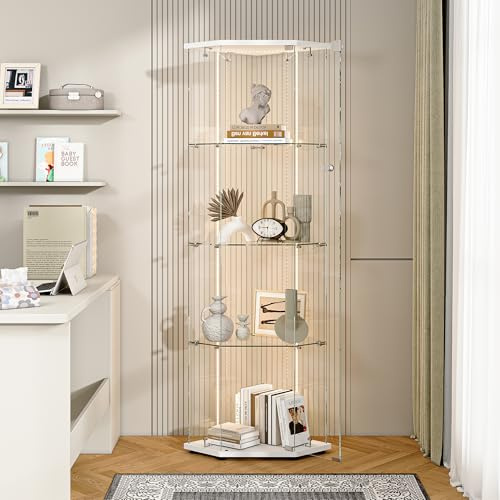 Vetrina angolare in vetro con LED, vetrina con 1 ante in vetro chiudibile a chiave e 4 ripiani, vetrina da collezione in vetro trasparente per soggiorno, ufficio, oggetti da collezione (bianco)