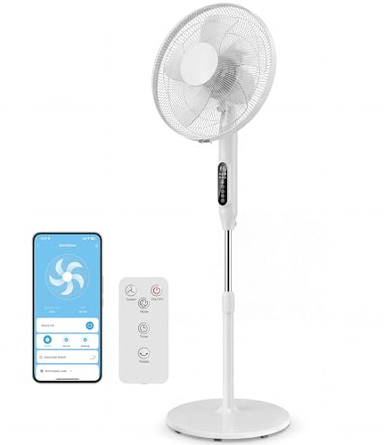 HOMCOM Ventilatore a Piantana 45 cm con Telecomando, 3 Velocità, Altezza Regolabile, Timer 15h, WIFI Controllo, Oscillante, Ventilatore da Terra per Camera, Bianco
