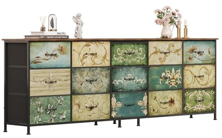 VEDECASA 15 Drawer Chest of Drawers Wide Fabric Storage Unit with Wooden Top & Metal Frame, Retro Floral Pattern Large Dresser for Bedroom Living Room