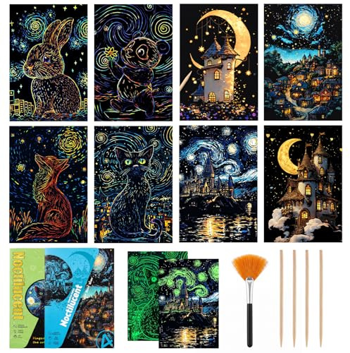13PCS Night Sky Scratch Art Paper A4 Animal & Fantasy Designs, Rainbow Engraving DIY Art Set with Wooden Stylus and Cleaning Brush, Creative Painting & Drawing for Adults