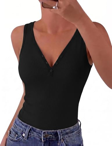 Gyabnw Top de Canalé Mujer Sin Mangas Cuello V con Botones | Punto suave y elástico, corte slim fit, diseño básico elegante, para verano oficina y ocio