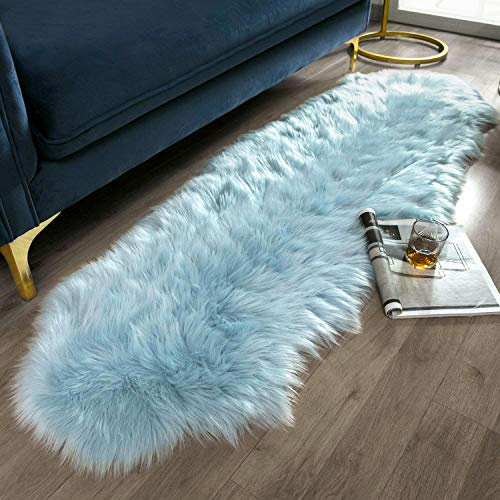 Ashler Faux Fur, Fluffy Shaggy Area Rug Ultra Soft 2 x 6 Feet Sheepskin Fur Rug, Light Blue Fuzzy Rug Machine Washable Shag Rug, Nursery Decor Throw Rugs for Bedroom, Kids Room, Living Room
