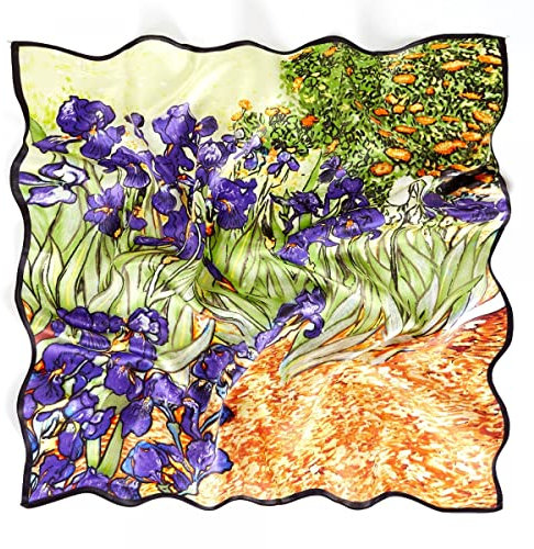 Prettystern Damen Seidenhalstuch Bandana Nicktuch aus 100% Seide Malerei Kunst-Motiv van Gogh Schwertlilien Iris grün P222