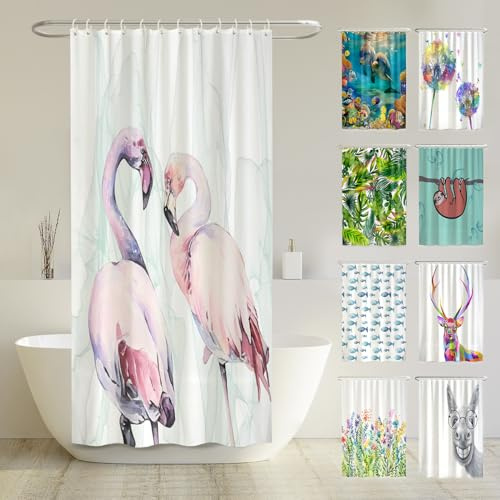arteneur® - Loving Flamingos - Anti-Schimmel Duschvorhang 120x200 - Recycelt mit Öko-Tex Standard 100 - Beschwerter Saum, Blickdicht, Wasserdicht, Waschbar, 8 Ringe & E-Book mit Reinigungs-Tipps