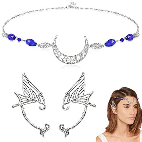 HIFOT Boho Kopfkette Schmuck Damen, Elfen Kopfschmuck Mond Kette Haarschmuck für Frauen und Mädchen, Flügel Elfen Ohren Manschette Ohrringe, Haarschmuck Festival Accessoires Kopf schmuck Hochzeit