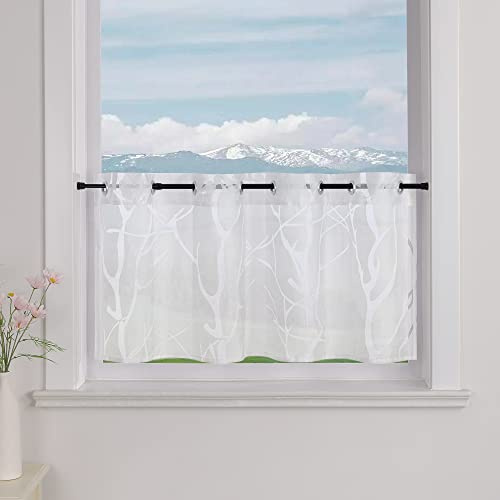 Delien Voile Scheibengardine mit Ösen Bistrogardinen Landhaus für Küche Transparente Kurzstores Modern Gardine »Zweig« Klein Fenster Kurz Vorhang BxH 120x30cm,Weiß