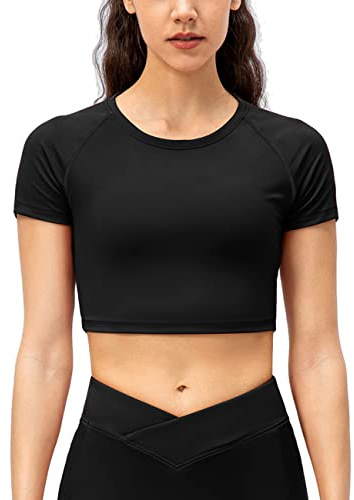 Femme Sports Aptitude Workout De Base Fitness Manche Courte Tee T Shirts Compression Hauts Courts Noir L
