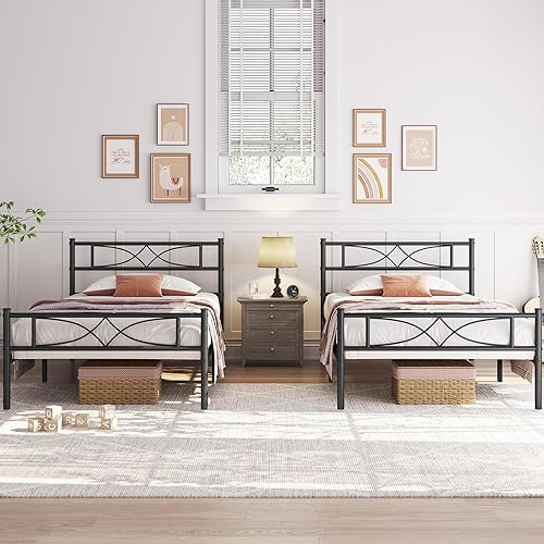 Yaheetech Set di 2 Struttura Letto Singolo in Metallo 36 cm Battuto a Doghe 90 x 190 cm Testiera Snella in Ferro Moderno Nero