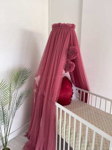 Baby Fancyroom Betthimmel für Babybett, Prinzessib Babywiege, Moskitonetz, Beistellbett Himmel, Babyzimmer Deko, Baldachin Kinderzimmer aus Premium Tüll Dunkel Altrosa