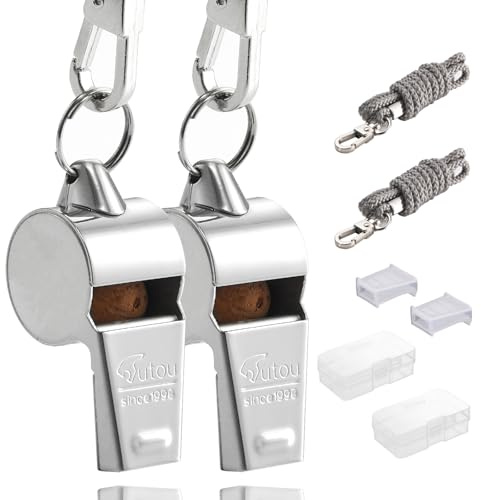 HUTOU Whistle 2 Packs Stainless Steel Coach Sports Whistle with Lanyard, Loud Crisp Sound Whistle Ideal for Coaches, Referees, and Official