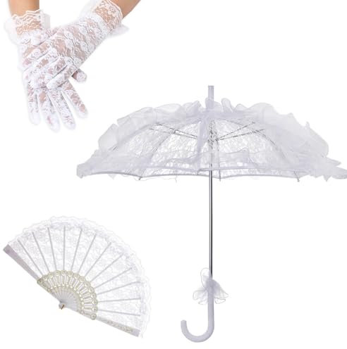 GELXGRIT White Lace Parasol Vintage Wedding Bridal Umbrella Parasol Lace Gloves Handheld Folding Fan Embroidery Umbrella Set for Wedding Bride Tea Party Halloween Costume Party Decoration