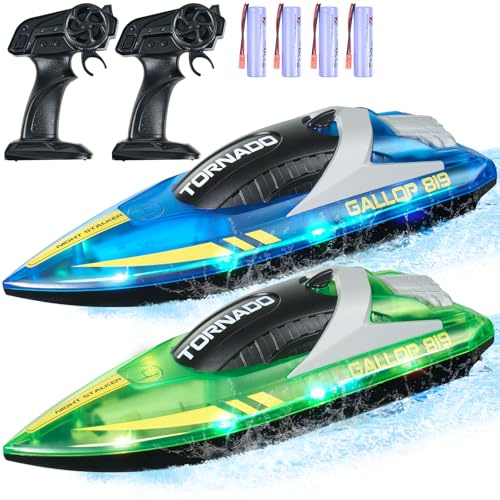 VEVOR Barca RC Giocattolo 2 Barche Telecomandate 2,4 GHz 12 km/h per Piscine Laghi, Barca da Regata con Luce LED, Impermeabile per Tutto il Corpo, Giocattolo Acquario RC 2 Pezzi, Blu e Verde
