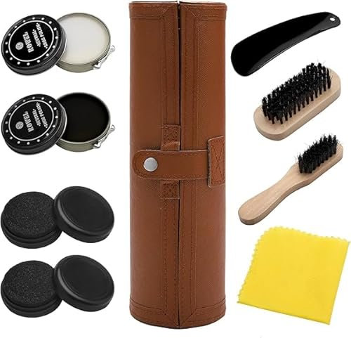 HENGBIRD Ensemble De Brosse à Chaussures, Ensemble De Brosse à Chaussures Pu Cuir Deluxe Sleek Set Cire à Chaussures Brosse à CrinièRe De Cheval Souple Chiffon Chausse-Pied 9 Pièces