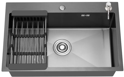 Stanew Inox Évier Cuisine 1 Bac 68x 45 cm,Évier Encastrabl,Trous pour Robinets et Distributeur de Savon et panier télescopique