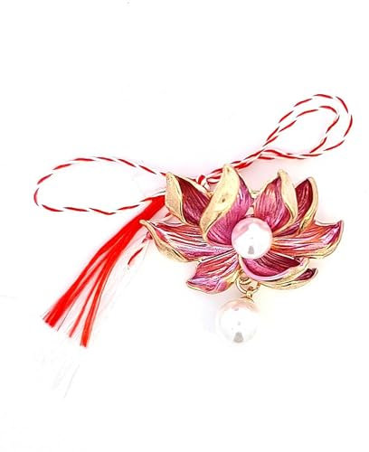 Martisoare - Broche de perlas de loto con diseño de flor de esperanza, hecho a mano, chapado en oro, regalo tradicional rumano, moldavo, macedonio, griego y búlgaro, Large, Acero aleado