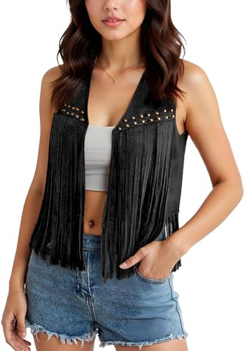 Ausing Women's Cowgirl Fringe Gilet Sleeveless Tassel Jacket Coat Cowboy Open Front Cardigan Casual Retro Western Hippie Waistcoat Fashion Rivet Vest S-XXL