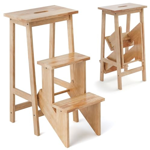 HOMASIS 3 in 1 Sgabello Scala Pieghevole, Sgabello in Legno Massello, Scala a Trittico, Scaffale Portatile Multiuso, Portata di 90 kg, 41 x 57 x 76 CM (Naturale)