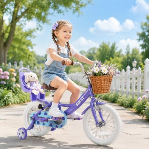 RULLY Druvcykel för flickor i åldern 3–5 år – med hjul, korg och dockstol