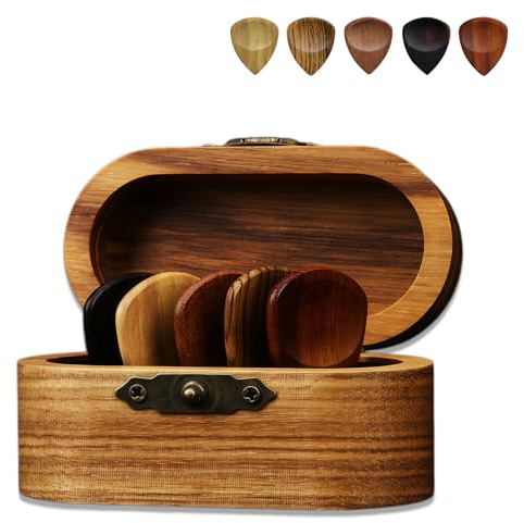 Wooden Guitar Picks Holder, Essential Guitar Accessories, Wooden Guitar Pick Case with 5 Random Guitar Picks Set, Gift for Guitar Players & Lovers