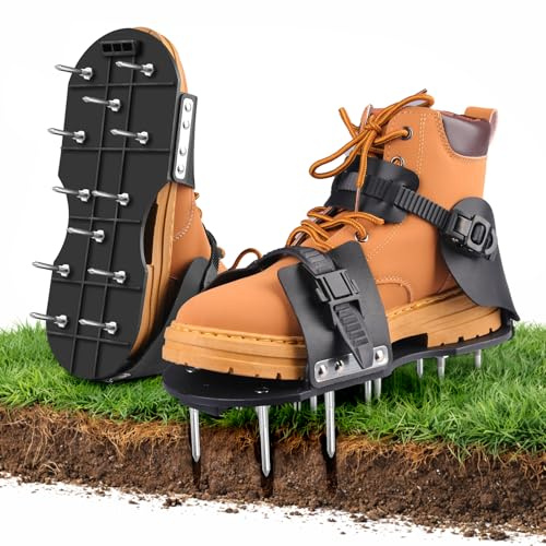 Arieggiatore Prato Scarpe Chiodate, Sandalo Aeratore Scarpe da Punte 45mm + Doppie Cinghie Regolabili, Scarpe Chiodate per Prato Manuale per Giardino e Massetto con Chiave e Punte Ricambio