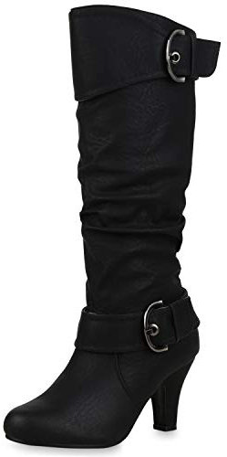 SCARPE VITA Damen Schnürstiefel Plateau Stiefel Retro Leder-Optik 157003 Schwarz Schnallen Total 39