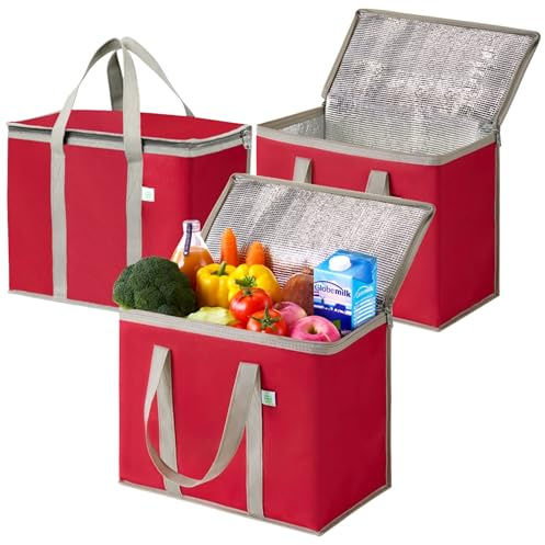 VENO 2 Pack Cooler Bag and Insulated Grocery Bags for Food Delivery, Collapsible Cooler, Reusable Shopping Bags for Groceries with Zipper, Foldable, Heavy-Duty, Stands Upright (Red, 3 Pack)