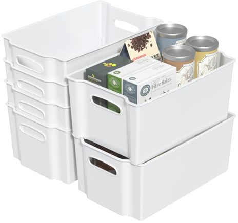 Qqbine Plastic Stackable Open Storage Boxes, Plastic Storage Baskets for Freezer, White, 6 Packs