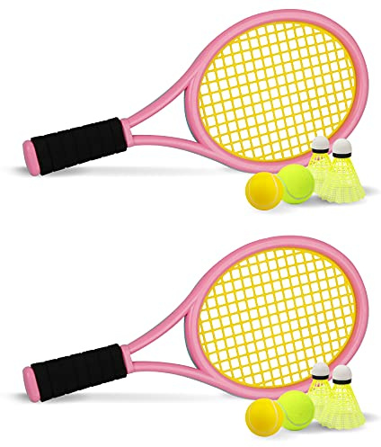Kids Tennis Racket,17 Inch Plastic Tennis Racket with 2 Soft Balls,2 Tennis Balls and 4 Shuttlecocks for Kid,Toddler Outdoor/Indoor Sport Play (Pink&Blue)