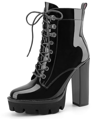 Z.Oufeier Women's Platform Ankle Boots Fashion Black Chunky Heel Lug Sole Combat Boots Lace Up High Heeled Booties(9,black patent)
