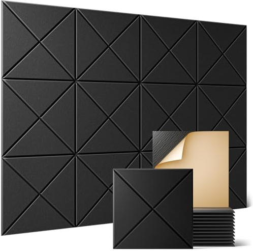 Sonicism 12 Pack X-Lined Acoustic Panels with Self-Adhesive, 12X 12X 0.4 Sound Proof Foam Panels, Decorative Soundproof Wall Panels, Sound Absorbing Tile for Home & Offices, Black