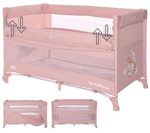 Lorelli 3 in 1 Babybett, Beistellbett und Laufstall Up and Down, Kinderbett mit 2 Ebenen, Seiteneingang und Faltbarer Seitenwand, Baby Reisebett, rosa