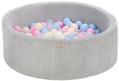 Piscina con 200 palline colorate rotonda 90cm velluto a coste bambino gioco (Colore piscina/palline: grigio/bianco, blu chiaro, rosa chiaro, cappuccino)