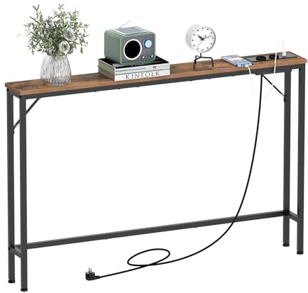 VEDECASA 5,9 Slim Konsolentisch mit Ladestation Industrie-Design Beistelltisch moderner Sofatisch mit stabiles Stahlgestell für Wohnzimmer Flur Büro (Vintage Braun, 120T x 15B x 80H cm)