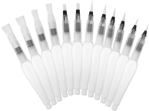 Prasacco 12 Stück Wasserpinsel Stifte, 6 Größen Aquarell Pinselstifte Weiße Kunststoff Leerer Wasserpinselstift mit Befüllbarer Wassertank für Aquarellkunst und Malerei, Anfängermalerei