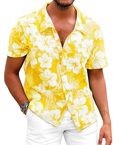 Fastkoala Uomo Hawaiane Camicie Floreali Camicia da Spiaggia Vacanze Tropicali Tops Casual Holiday Estate Button Giallo XXL