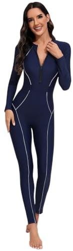 Odizli Costume da bagno da donna con coppe a maniche lunghe, chiusura lampo, lungo, in neoprene, da surf, Blu mare, M