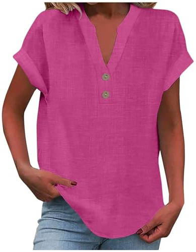 KOG Damen Shirt Freizeit Baumwolle Leinen Longshirt Vintage Kurzarm Oberteile Longbluse Lässig Blusenshirt Frauen Rundhals Slim Fit Tops Knalliges Pink XXL