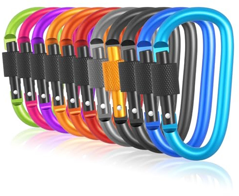 Moschettoni con Chiusura a Vite, 11 Pezzi Moschettone Portachiavi Forma di D, Multifunzione Moschettone Alluminio per Campeggio Escursioni Viaggi Pesca (11 Colori)