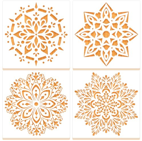MWOOT 4 Piezas de Plantillas de Mandalas para Pintar, Painting Stencils,Diseños de Flores Mandala, Plantillas Reutilizables para Dibujar en Paredes, Piedras, Muebles y Azulejos, 20x20 CM