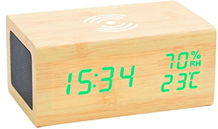 Digital väckarklocka med trådlös laddare och Bluetooth-högtalare för smarttelefoner