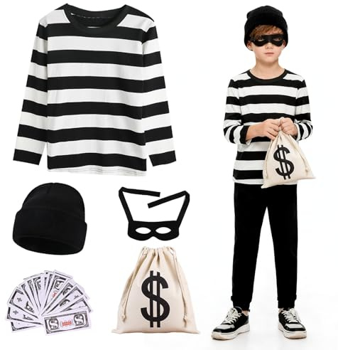 Rånarkostym barn, bankrusdräkt, tjuverdräkt med randig topp, stickad mössa, mask, plånbok, sedlar, flicka, pojke, karnevaldräkt för cosplay, halloween, karneval