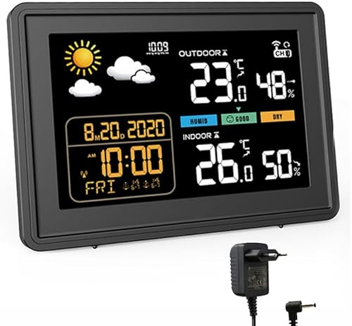 2025 Versionen 7,5 Zoll Wetterstation funk mit Außensensor VA-Display Kabellos DCF Funkuhr Wetter station mit Farbdisplay Empfangssignal Funkuhr Innen und Außentemperatur mit DC Netzteil Schwarz