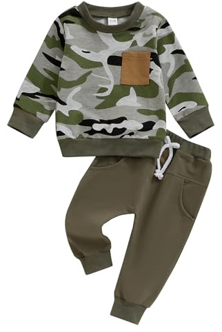 Carolilly - Conjunto de ropa infantil de 2 piezas para bebé niño, sudaderas de manga larga + pantalones con cintura elástica (0-3 años), Camuflaje verde., 0-6 Meses