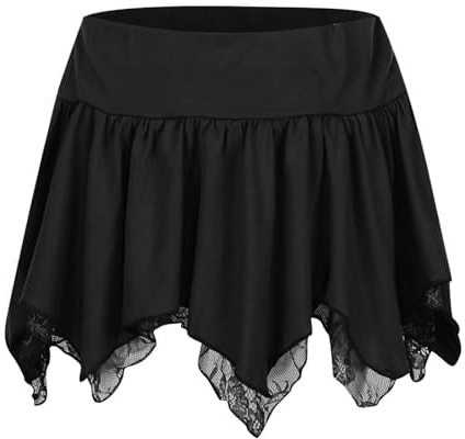 Gonna Corta Donna, Costume Pirata Donna Medievale - Minigonna Sexy a Vita Bassa Irregolare in Pizzo Doppio (Black S)