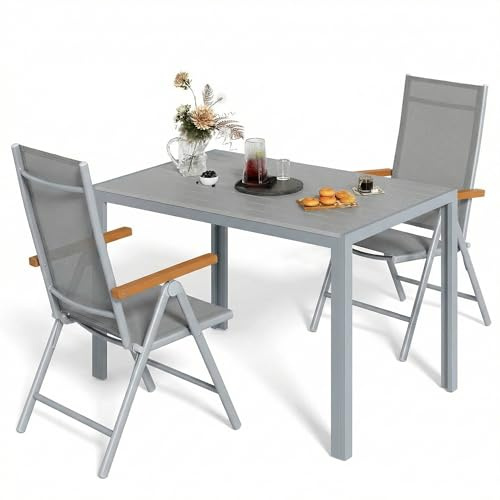 LIFERUN Conjunto Jardín Exterior 3 Piezas, Juego de Muebles de Aluminio | 2 Sillas con Respaldo Alto Plegables y Ajustables con Mesa WPC 110x70 cm, Muebles de Terraza para Balcón, Gris Completo